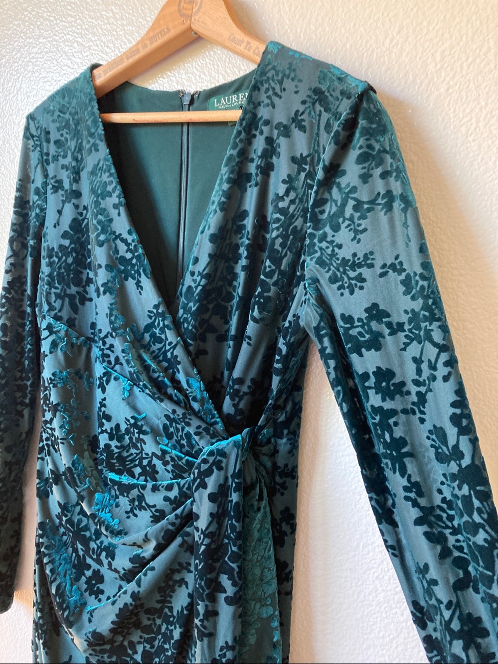 Lauren Ralph Lauren velvet burnout wrap dress long sleeve Forest Green sz 8P